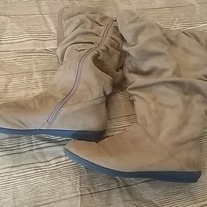 Tan slouchy wide calf boots